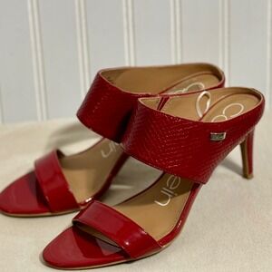 Calvin Klein Red Kclorinda-R Heeled Sandals Patent Snakeskin Embossed 7.5 M